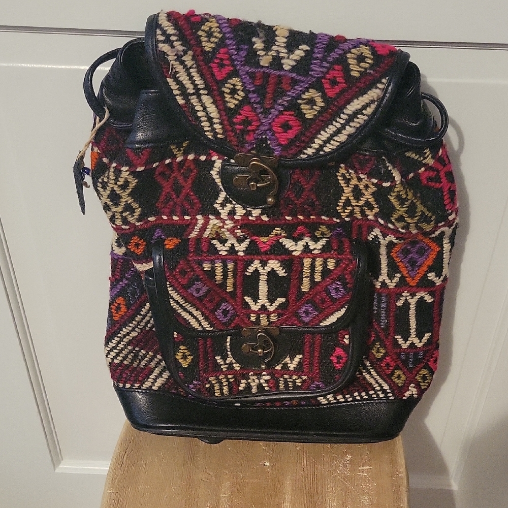 Gorgeous leather backpack with wool kilim pattern